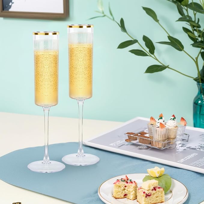 Ciaell 24 Pack Gold Plastic Champagne Flutes for Weddings Birthdays | 6 oz Clear Gold Rim Square Toasting Cups, Heavy Duty Plastic, Champagne Wine Mimosas Cocktails for Anniversaries Parties Bars