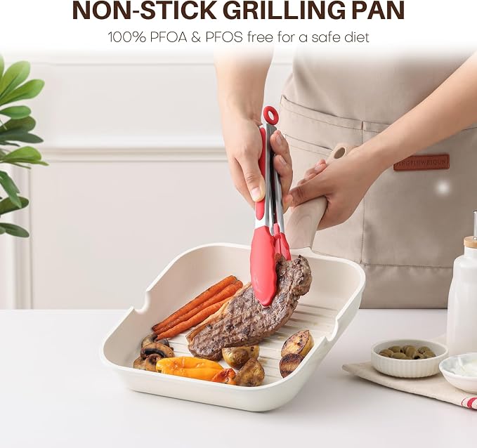 Kordisen Nonstick Grilling Pan with Lid for Stove Tops, 11 Inch Square Grill Pan for Indoor Cooking, Healthy Coating Grill Skillet with Pour Spouts, Versatile Griddle, Induction Steak Pan, White