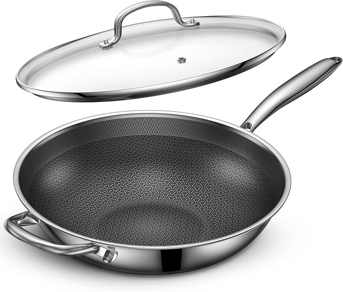 12.5-Inch Hybrid Stainless Steel Wok Pan with Lid, Laser-Textured Nonstick Stir Fry Pan, PFOA-Free, Induction Compatible, Oven & Dishwasher Safe for All Cooktops