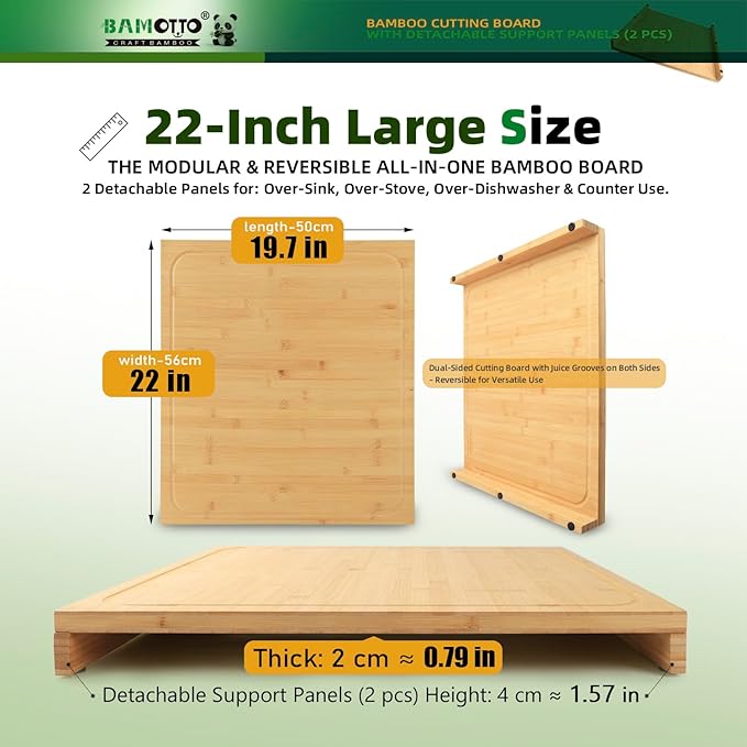 BAMOTTO CRAFTBAMBOO 19.7x22 Inch Large Bamboo Cutting Board Stovetop Cover | 2 Detachable Support Panels | Over Sink Board | Kitchen Countertop Dishwasher Cover | Reversible Juice Grooves | XXL Size