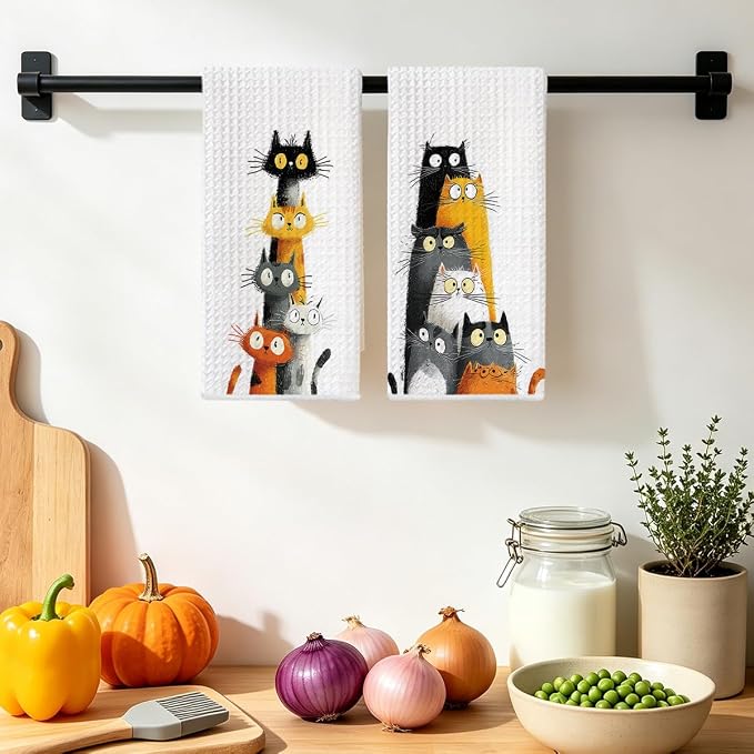 2 Pcs Cute Cat Kitchen Towels, Funny Cats Gifts Absorbent Hand Towels-04 | Cat Dish Cloths for Drying Dishes, Cats Waffle Dish Towels for Kitchen Home Bathroom Decor, Cat Lover Gifts for Women Mom