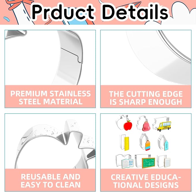 9 Pieces Back to School Cookie Cutters Set, Stainless Steel School-Themed Biscuit Mold Includes Apple Pencil Ruler Notebook School Bus Blackboard Book Backpack Crayon Baking Decorations