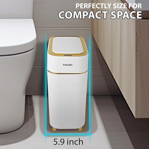 Pukomc 2.3 Gallon / 9L Automatic Adsorption Sensor Trash Can | White Gold Motion Sensor Garbage Bin with Suction, Slim Fashionable Design for Kitchen, Bathroom, Office & Small Space