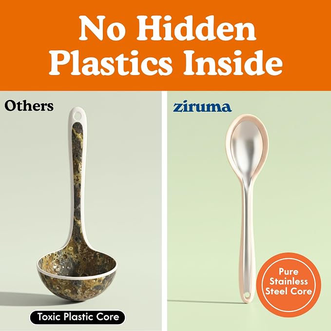 NonToxic Platinum Silicone Utensils, 100% Plastic-Free, 2-Pcs, Beige | LFGB-certified platinum silicone. Solid steel core, no hidden plastics. 500°F heat resistant. Non-scratch. Dishwasher safe