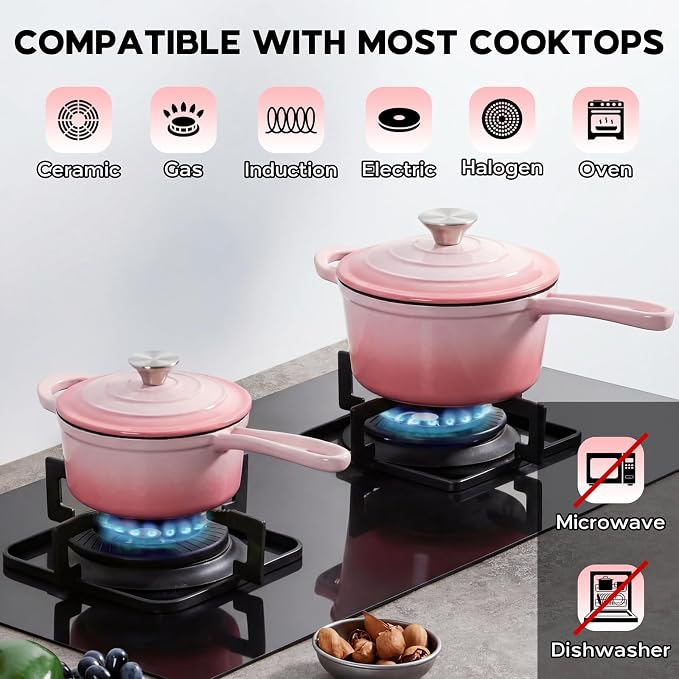 Onader Cast Iron Sauce Pan Pot, 1QT & 2QT Small Saucepan with Lid, Enameled Cast Iron Dutch Oven Cooking Kitchen Pot – Pink