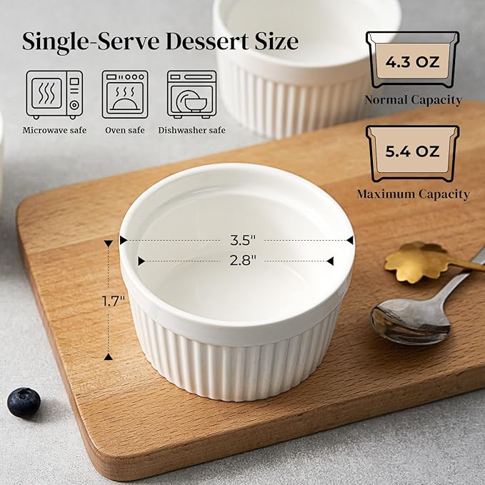 DOWAN 4 oz Ceramic Ramekins Set of 6, Oven Safe Souffle Dishes for Air Fryer Baking, Mini Round Baking Cups for Creme Brulee, Dipping Sauces, Desserts and Prep Bowls, White
