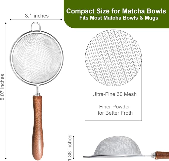 Matcha Sifter Set of 2, Fine Mesh Tea Strainers with Light Wood Handles