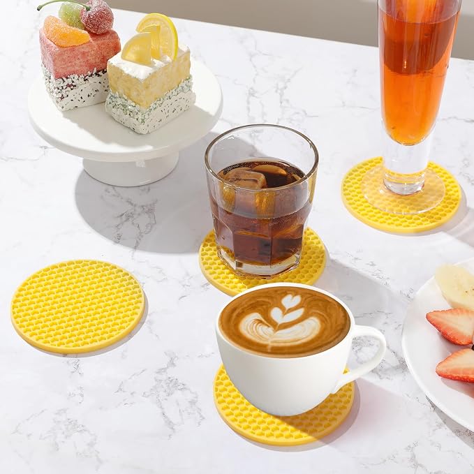 TWTLi Silicone Coasters Set of 6 with Holder — Non-Slip Drink Coasters for Coffee Table, Home Bar & Kitchen, Protects Wood & Marble Surfaces from Water Rings, Dishwasher Safe (Yellow)