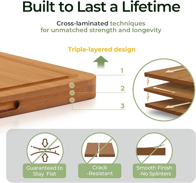 Keechee Carbonized Bamboo Cutting Board Set of 4, Kitchen Prep Boards | Non Toxic, Resisted-Cracking&Curling, Deep Juice Groove, Side Handles,Cross-Laminated Structure, Knife-Friendly
