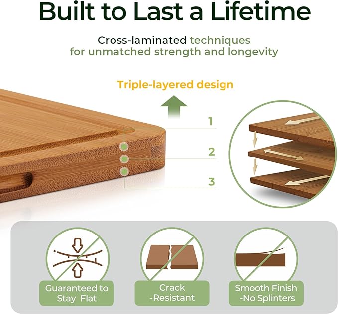 Keechee Carbonized Bamboo Cutting Board for Kitchen, XL Chopping Block | Non Toxic, Resisted-Cracking&Curling, Deep Juice Groove, Side Handles,Cross-Laminated Structure, Knife-Friendly