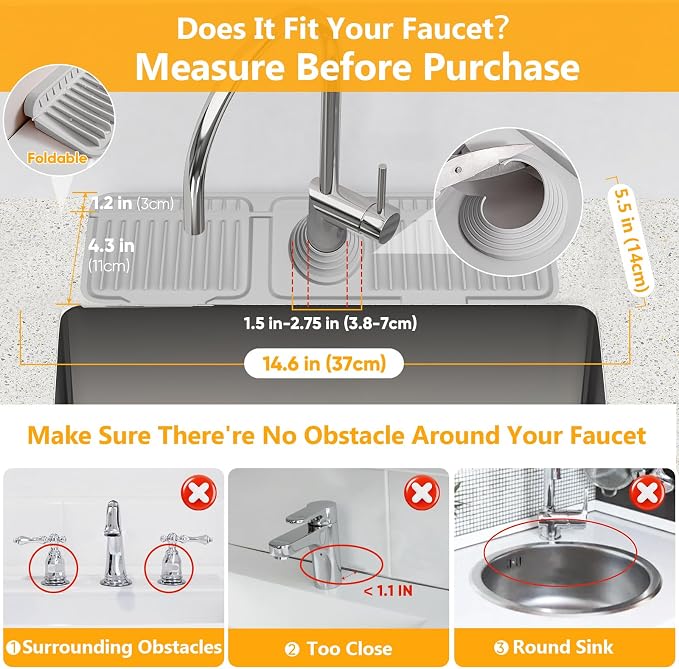 14.6 inch Faucet Mat for Kitchen Sink Splash Guard[7° Slope Fast Self-draining][Snap Lock Fit]Kitchen Sink Faucet Mat Splash Guard Kitchen Sink Area Water Splash Guard Behind Faucet Draining Mat