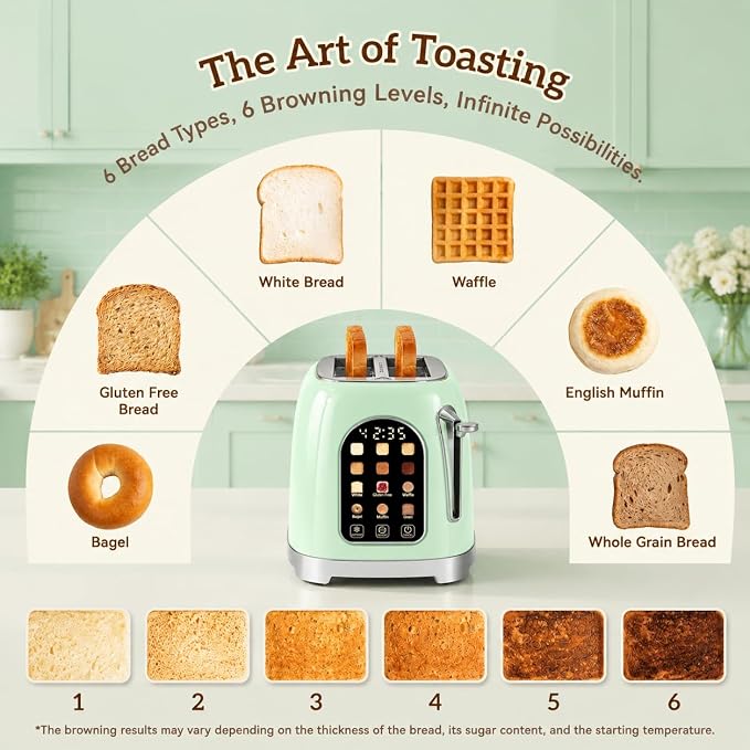 RONGBEST Retro Touch Screen Toaster 2 Slice Wide Slot Stainless Steel with 6 Browning Levels for Breakfast Bagel & Bread, Reheat & Defrost, Removable Crumb Tray, Mint Green