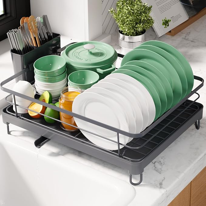 Kitsure Dish Drying Rack for Kitchen Counter, 12.7''W x 16.7''L, Grey | Stainless Steel Sink Organization, Cutlery Holder, Home and Appartment Decor