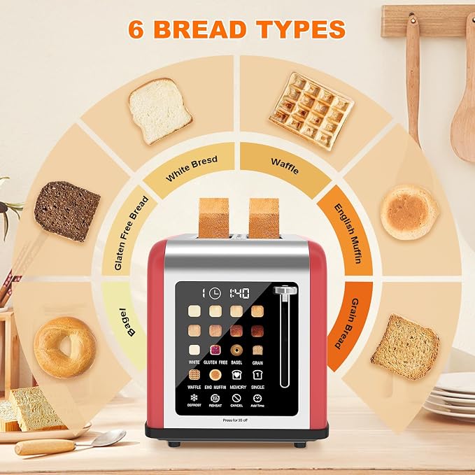 2 Slice Toaster Touch Screen, Stainless Steel Toasters Digital Timer 2 Slot Toasters, 8 Shade Settings 6 Bread Types for Bagel, Cancel, Defrost (Black)