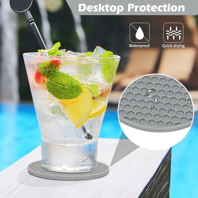TWTLi Silicone Coasters Set of 6 with Holder — Non-Slip Drink Coasters for Coffee Table, Home Bar & Kitchen, Protects Wood & Marble Surfaces from Water Rings, Dishwasher Safe (Gray)