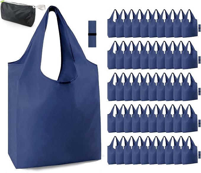 BeeGreen Navy Blue Reusable Grocery Bags Wholesale Reusable Kitchen Bags Bulk Foldable-Machine Washable with Zipper Storage Pouch 50 Packs