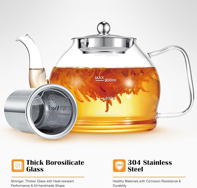 STNTUS Glass Teapot, 40 oz. / 1200 ml for Loose Tea, With Infuser and Stainless Steel Strainer, Stovetop Safe, 4-6 Cups