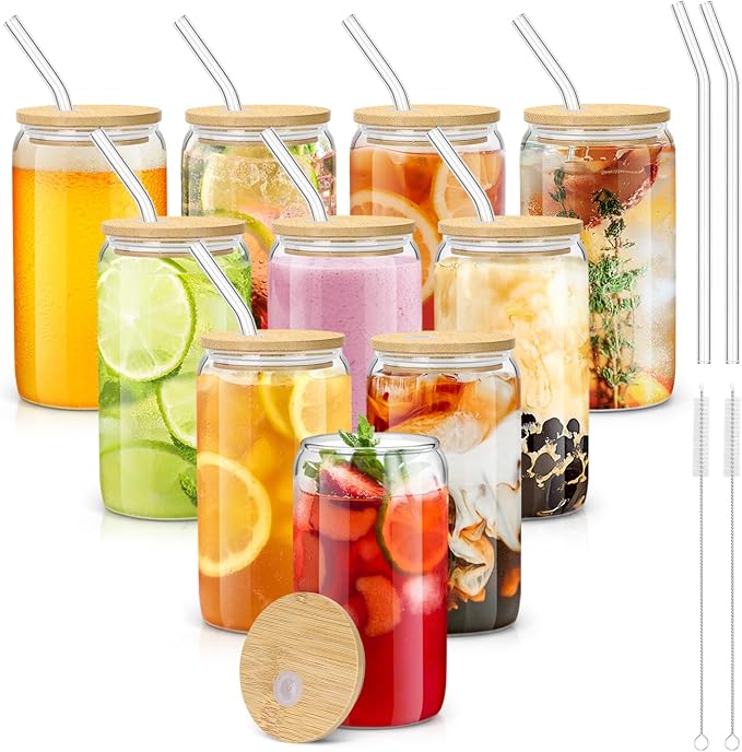 Glass Cups with Lids and Straws - 16 oz Glass Drinking Cups Set for Coffee | Glass Cups with Bamboo Lids, Iced Coffee Cup, Home Essential, Coffee Bar Accessories, Glass Tumbler, Reusable, 10 Pack