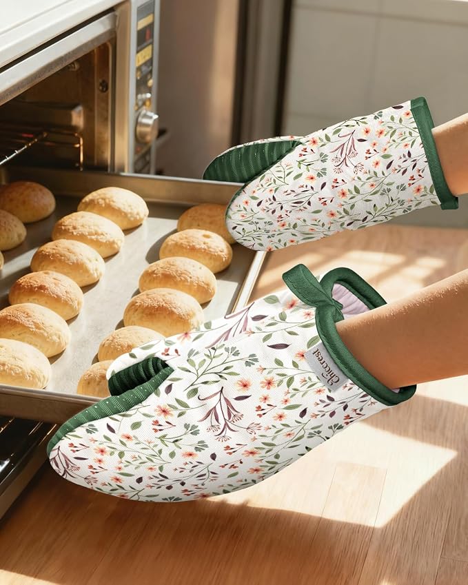 100% Thick Cotton Mini Oven Mitts Silicone Grip Watercolor Floral | Girly Cute Oven Mitts for Women, Machine Washable, Non-Slip, Reversible Design Fits Both Hands, Stylish Kitchen Decor