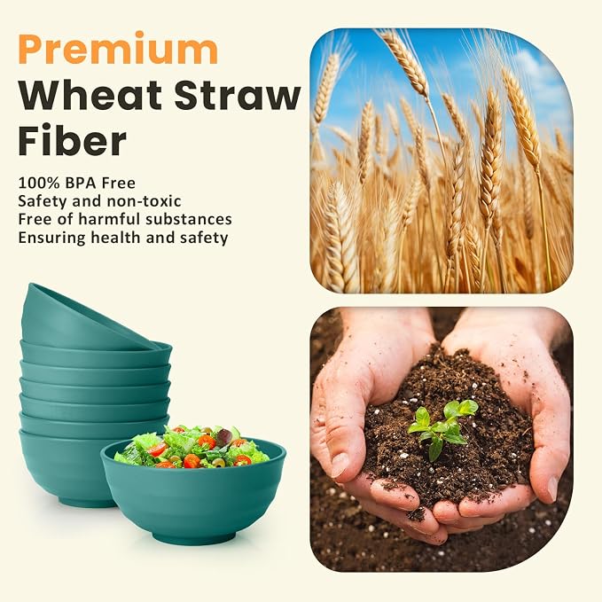 Large Bowls for Eating: Set of 8 Unbreakable 60oz Wheat Straw Bowls, Non-Plastic & Microwave Safe for Everyday Salad, Soup & Oatmeal (Green)