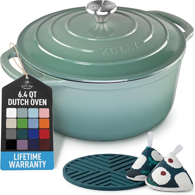 Zulay Kitchen 6.4QT Enameled Cast Iron Dutch Oven Pot with Lid, Heavy-Duty Soup Pot for Stews, Braising, Roasting & Sourdough Bread Baking, Oven Safe up to 500°F - Aventurine
