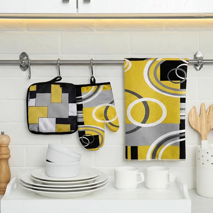 Jingmore 6 Pcs Kitchen Decor Set Accessory Farmhouse Kitchen Towels Pot Holders Oven Mitts Set 2 Dish Towels 2 Pot Holders 2 Cooking Mittens Oven Glove for Cooking(Black, Yellow, Gray,Geometric)