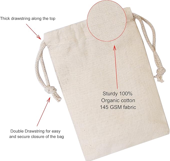 100Pcs 10 x 12 Inches Premium Cotton Muslin Double Drawstring Bags, Reusable Bag Natural Cotton Bags with Drawstring Produce Bags Bulk Gift Bag Jewelry Pouch for Party Wedding Home Storage