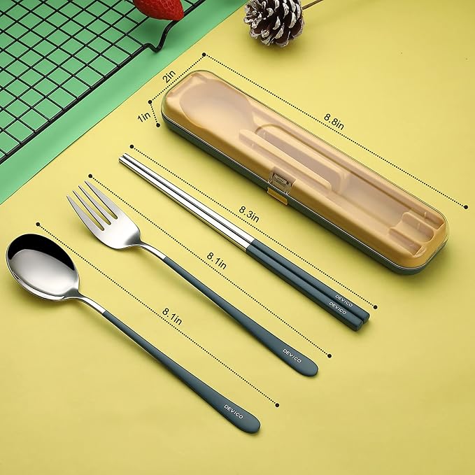 DEVICO Travel Utensils with Case, 18/8 Stainless Steel Silverware for Lunch | 4Pcs Portable Reusable Travel Cutlery Set, Korean Chopsticks Fork and Spoon Set for Camping/Picnic/Work/Gadgets/School, Blue