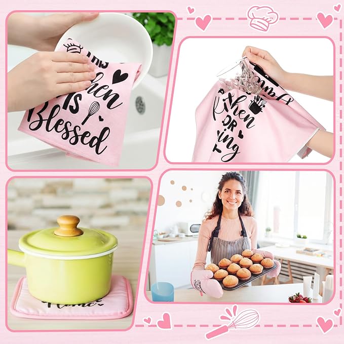 Leinuosen 8 Pcs Kitchen Towels and Oven Mitts Sets Pot Holders Dishcloths Set Kitchen Decorative Accessories Absorbent Potholders Heat Resistant for Chef Baking Cooking
