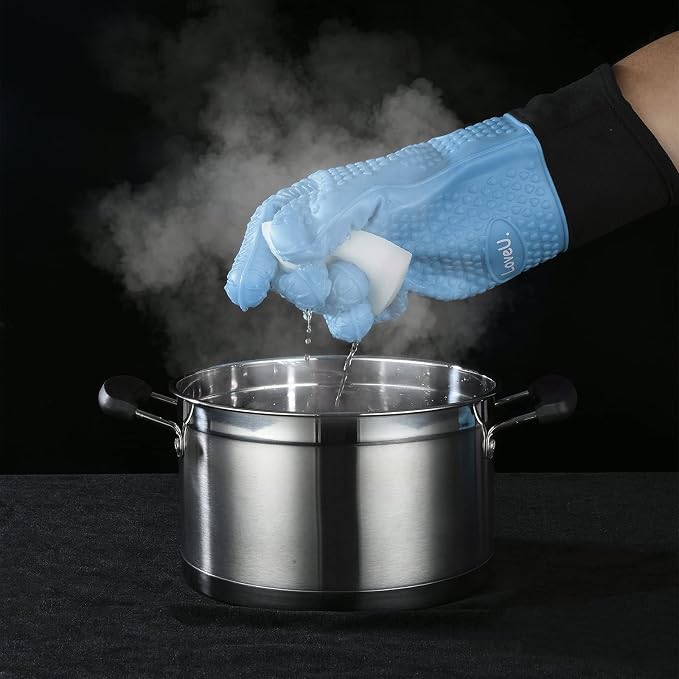 Silicone Oven Mitts Gloves - Heat Resistant, Non-Slip for BBQ, Grilling | 450°F Double-Layer｜Waterproof Kitchen Cooking Barbecue Mittens ｜5 Finger Hot Mitt for Baking, Smoker& Cast Iron(One Size)