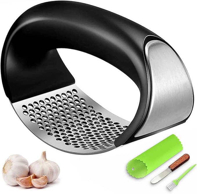 Garlic Press Rocker, Stainless Steel Garlic Mincer Crusher Professional Kitchen Gadgets Garlic Chopper with Ergonomic Handle, Silicone Garlic Peeler