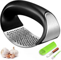 Garlic Press Rocker, Stainless Steel Garlic Mincer Crusher Professional Kitchen Gadgets Garlic Chopper with Ergonomic Handle, Silicone Garlic Peeler