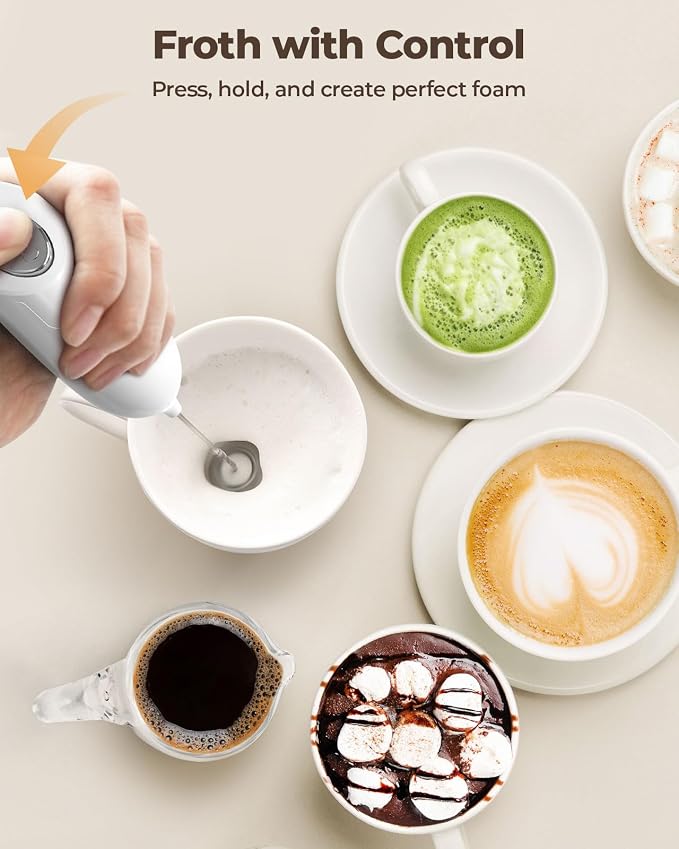 SIMPLETASTE Milk Frother Handheld Electric Foam Maker Battery Operated | Drink Mixer with Stainless Steel Whisk for Cappuccino, Bulletproof Coffee, Latte, Blizzard White, without Stand