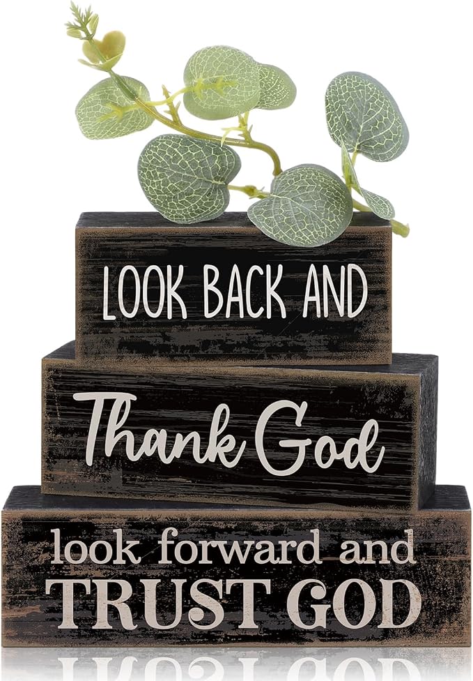 Lineshading 4 Pcs Christian Wooden Block Signs Farmhouse Centerpiece | Rustic Tiered Tray Decor with Bible Verse, Religious Home Signs for Tables, Faith-inspired Wood Blocks Gift