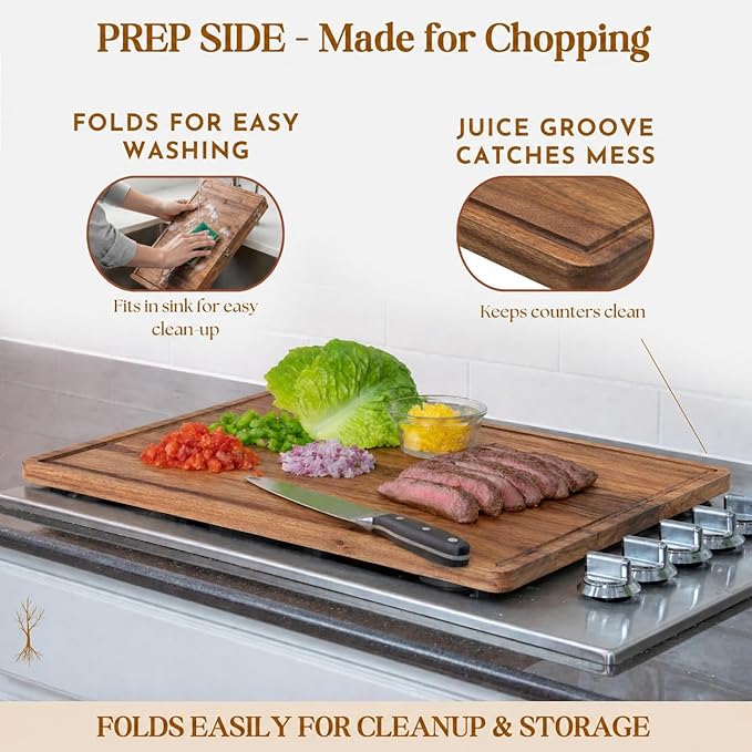 Extra Large Foldable Stovetop Cover Cutting Board – Double-Sided 29" x 21" Collapsible Noodle Board – XL Prep, Charcuterie & Sink Cover | Acacia Wood