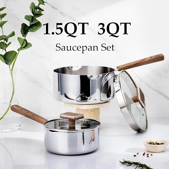 CAROTE1.5Qt & 3Qt Stainless Steel Saucepan Set, Triple Ply Stainless Steel Pot, Saucepan with Glass Lid, Small Sauce Pot with Wooden Handle, Easy Pour Rim