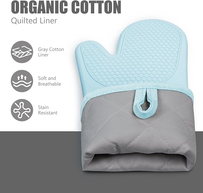 RORECAY Silicone Oven Mitts and Pot Holders Sets, Kitchen Gloves, Sky Blue | Set of 6 Kitchen Mitts for Baking & Cooking, Heat Resistant 500 ℉, 12.7" Extra Long, Non-Slip & Waterproof, Quilted Cotton