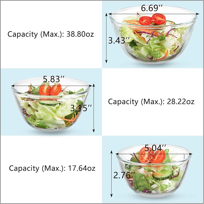 WHJY 3-Pack 5-Inch Glass Cereal Bowls, Clear Glass Serving Bowls for Salad, Pasta, Soup, Cereal - 16 oz Capacity, Modern Style