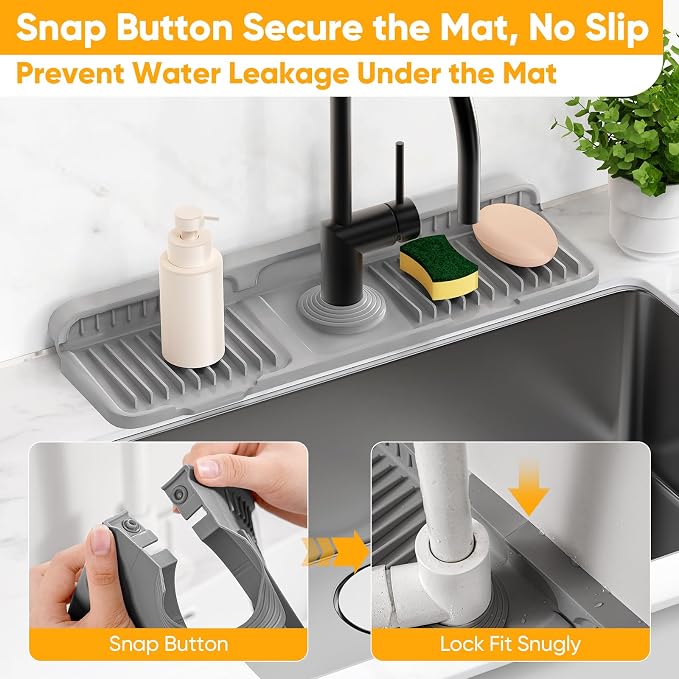 17.7'' Faucet Mat for Kitchen Sink Splash Guard[7° Slope Fast Self-draining][Snap Lock Fit] Folding Kitchen Sink Faucet Mat Splash Guard Kitchen Sink Area Water Splash Guard Behind Faucet Draining Mat