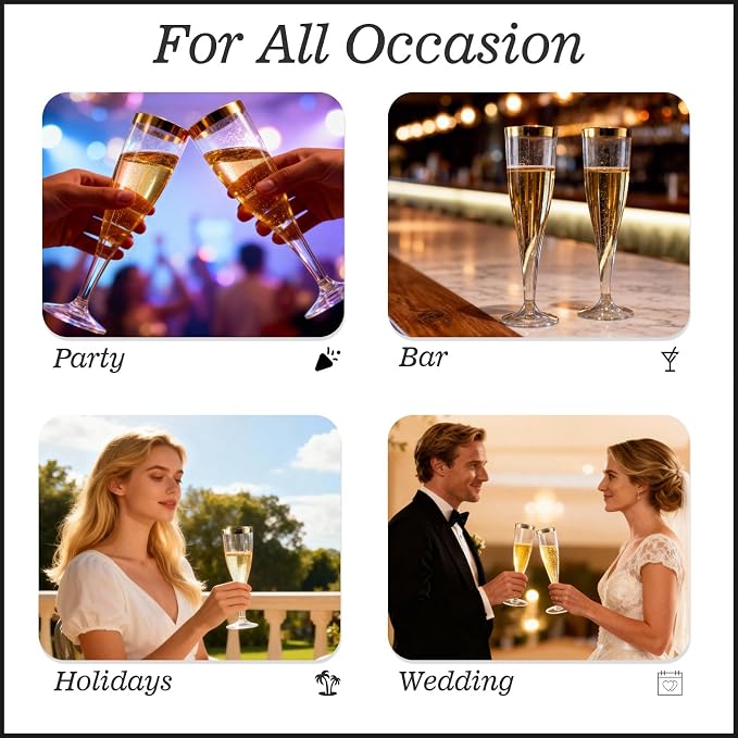 Bestluck 100 Pack 4.5 oz Gold Glitter Champagne Flutes Plastic | Plastic Disposable Stemware with Gold Rim, Disposable Champagne Flutes for Party, Mimosa Bar, Wedding, Anniversary