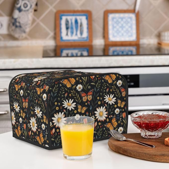 4 Slice Toaster Cover Vintage Butterfly Daisy Leaf Dust Proof Washable Kitchen Appliance Cover with Pocket, Oxford Fabric Countertop Toaster Protector for Standard Toasters Small Appliances