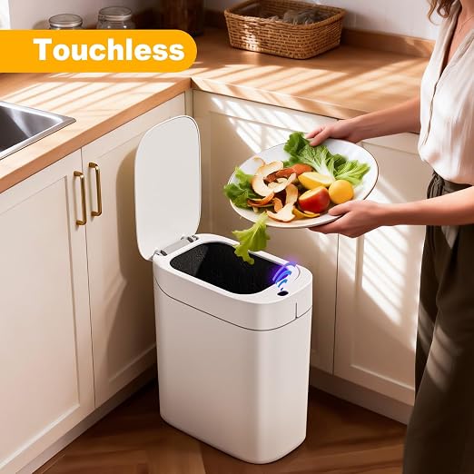 MOPUP Bathroom Trash Can, Automatic Bagging Garbage Can, 3.5 Gallon Slim Smart Small Plastic Trash Bin, Narrow Motion Sensor Trash Can for Bedroom, Office White