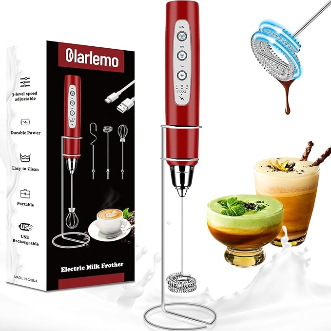 Colarlemo Milk Frother Handheld Rechargeable with Stand, Frother Wand Drink Mixer Electric Whisk for Coffee, Detachable With 3 Stainless Whisks, Hand Mixer for Lattes, Cappuccino, Matcha, Egg, Red