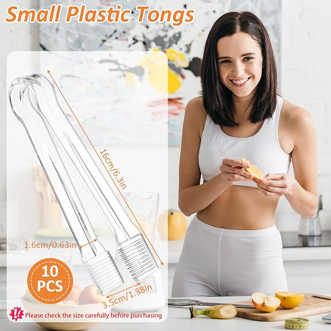 PEASUG 10 PCS Plastic Serving Tongs, Disposable Plastic Tongs | Clear Kitchen Small Serving Utensils for Serving for Party Food Buffet Appetizer Salad Catering Ice, 6.3 Inches