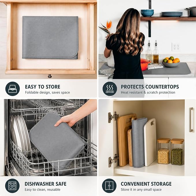 FLASLD 2Pack Heat Resistant Mat for Air Fryer Site on,12"X18" Fireproof Silicone Mats for Kitchen Counter, Countertop Protector, No-slip and Waterproof Gray