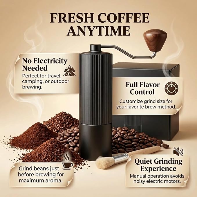 Manual Hand Coffee Grinder with Stainer, Adjustable 40mm Stainless Steel Burr, Portable Hand Crank Coffee Mill, 30g Capacity for Espresso, Turkish & French Press, Aluminium Body with Walnut Handle