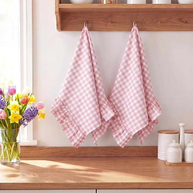 HunnmingRe 2 Pcs Light Pink Gingham Kitchen Towels Cotton Ruffled | Checked Dish Towels 18"x28" Tea Cloths Plaid Cottage Core Kitchen Decor for Farmhouse Charm Drying Dishes Entertaining Guests