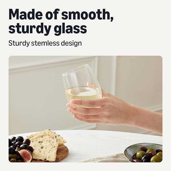 Amazon Basics Stemless White Wine Glasses, 14 oz., Dishwasher-Safe, 4-Piece Set