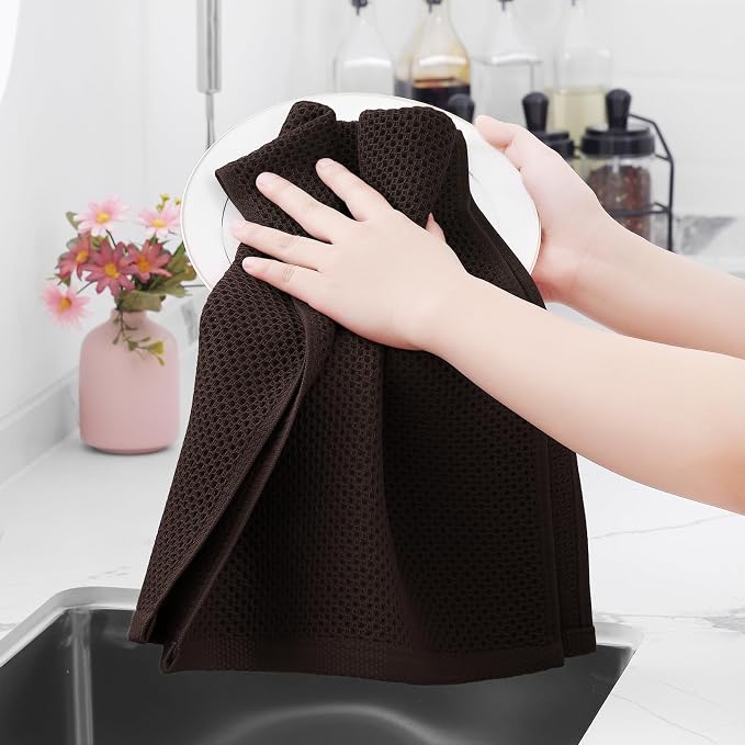 Homaxy 100% Cotton Waffle Weave Kitchen Dish Towels 24-Pack, Dark Brown | 13 x 28 Inches, Ultra Soft Absorbent Dish Towels, Quick Drying Cleaning Towels