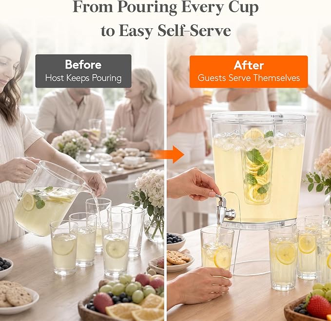 Lifewit 2 Gal Drink Dispenser with Fruit Infuser & Leak-Proof Spigot, 2 Pcs | BPA-free Plastic Beverage Container with Stand, Large Capacity for Lemonade Stand & Mimosa bar, Pitcher for Juice, Tea, Soda